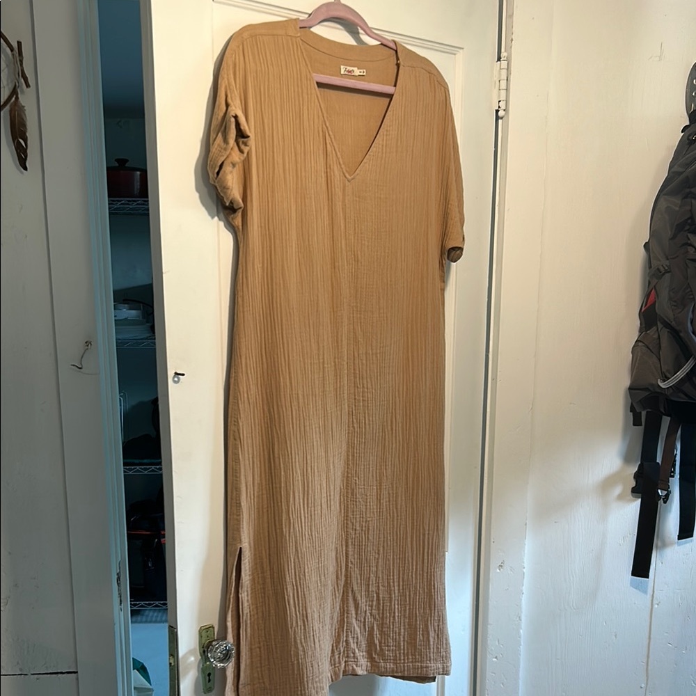 Faherty Tan Sheath Midi Dress with V-Neck